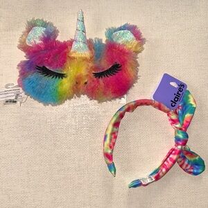 NWT Tie dye Claire’s girl bundle headband and unicorn eye sleep mask